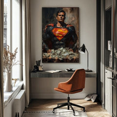 Ručne maľovaný obraz na plátne s motívom Superman: Muž peňazí v červeno-žltých odtieňoch, sila a moc | Obraz Superman: Muž peňazí – produkt, pohľad 2