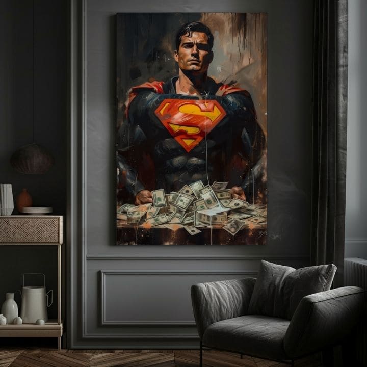 Ručne maľovaný obraz na plátne s motívom Superman: Muž peňazí v červeno-žltých odtieňoch, sila a moc | Obraz Superman: Muž peňazí – produkt, pohľad 3