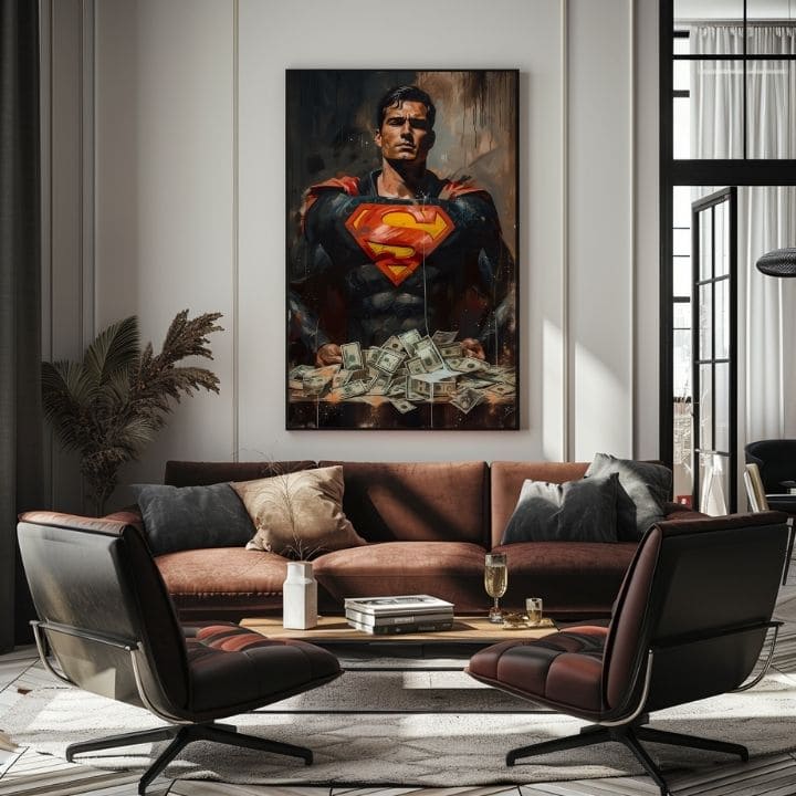 Ručne maľovaný obraz na plátne s motívom Superman: Muž peňazí v červeno-žltých odtieňoch, sila a moc | Obraz Superman: Muž peňazí – produkt, pohľad 4
