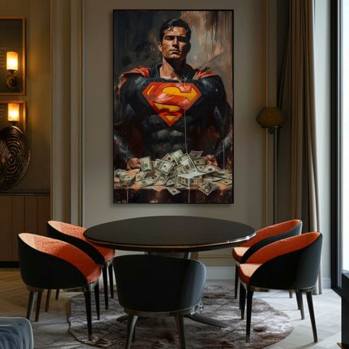 Ručne maľovaný obraz na plátne s motívom Superman: Muž peňazí v červeno-žltých odtieňoch, sila a moc | Obraz Superman: Muž peňazí – produkt, pohľad 5