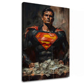 Ručne maľovaný obraz na plátne s motívom Superman: Muž peňazí v červeno-žltých odtieňoch, sila a moc | Obraz Superman: Muž peňazí – hlavný