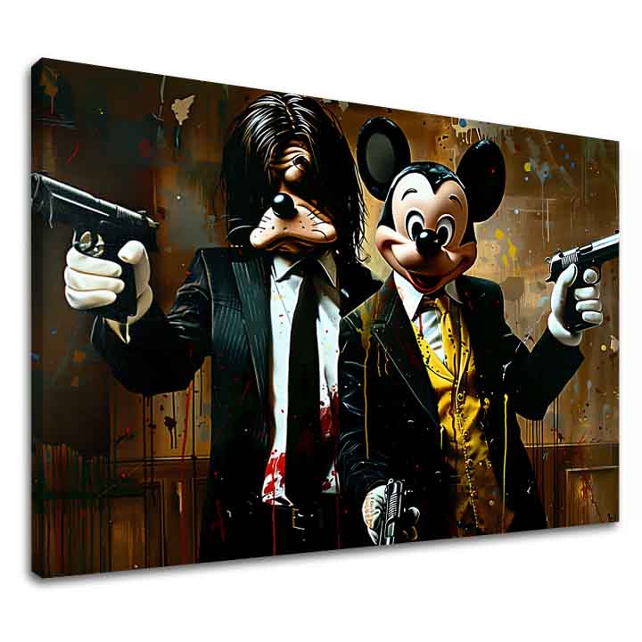 Moderný obraz na plátne s motívom Mickey and the Mobster v čierno-hnedých odtieňoch, drzá atmosféra, popkultúra | Obraz Mickey and the Mobster – hlavný