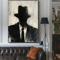 Ručne maľovaný obraz na plátne s motívom The Faceless Mobster v čierno-bielych odtieňoch, tajomná atmosféra, tajomstvo a mestský život | Obraz The Faceless Mobster – produkt