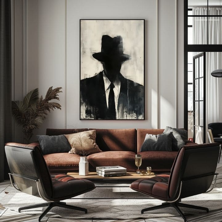 Ručne maľovaný obraz na plátne s motívom The Faceless Mobster v čierno-bielych odtieňoch, tajomná atmosféra, tajomstvo a mestský život | Obraz The Faceless Mobster – produkt, pohľad 2