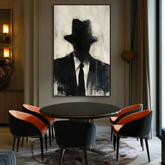 Ručne maľovaný obraz na plátne s motívom The Faceless Mobster v čierno-bielych odtieňoch, tajomná atmosféra, tajomstvo a mestský život | Obraz The Faceless Mobster – produkt, pohľad 3