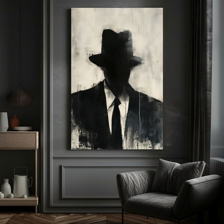 Ručne maľovaný obraz na plátne s motívom The Faceless Mobster v čierno-bielych odtieňoch, tajomná atmosféra, tajomstvo a mestský život | Obraz The Faceless Mobster – produkt, pohľad 4