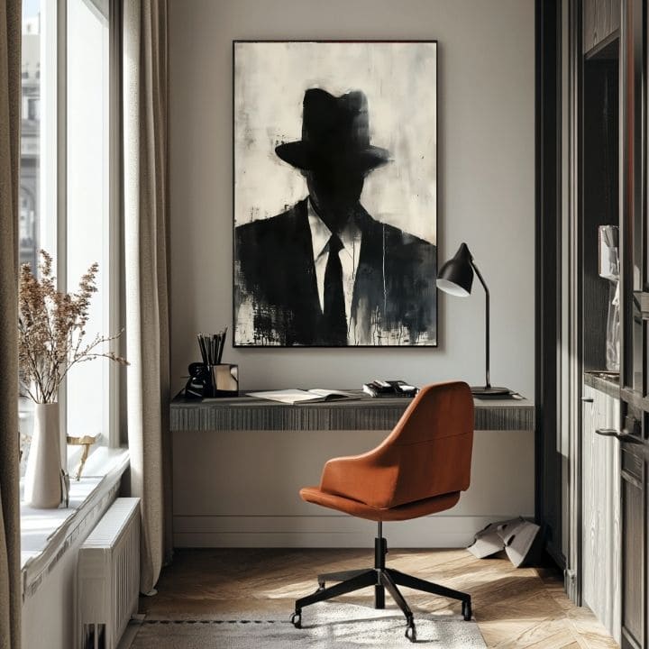 Ručne maľovaný obraz na plátne s motívom The Faceless Mobster v čierno-bielych odtieňoch, tajomná atmosféra, tajomstvo a mestský život | Obraz The Faceless Mobster – produkt, pohľad 5