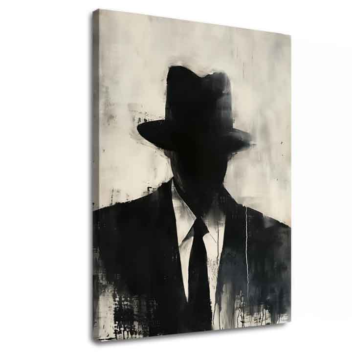 Ručne maľovaný obraz na plátne s motívom The Faceless Mobster v čierno-bielych odtieňoch, tajomná atmosféra, tajomstvo a mestský život | Obraz The Faceless Mobster – hlavný