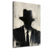 Ručne maľovaný obraz na plátne s motívom The Faceless Mobster v čierno-bielych odtieňoch, tajomná atmosféra, tajomstvo a mestský život | Obraz The Faceless Mobster – hlavný