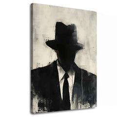 Ručne maľovaný obraz na plátne s motívom The Faceless Mobster v čierno-bielych odtieňoch, tajomná atmosféra, tajomstvo a mestský život | Obraz The Faceless Mobster – hlavný