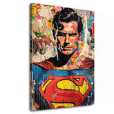 Ručne maľovaný obraz na plátne s motívom Superman: Pop ikona v modro-žltých odtieňoch, popkultúra a mestský život | Obraz Superman: Pop ikona – hlavný