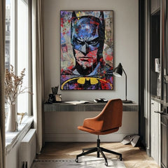 Moderný obraz na plátne s motívom Batman: Temný strážca v čierno-modrých odtieňoch, intenzívna atmosféra | Obraz Batman: Temný strážca – produkt