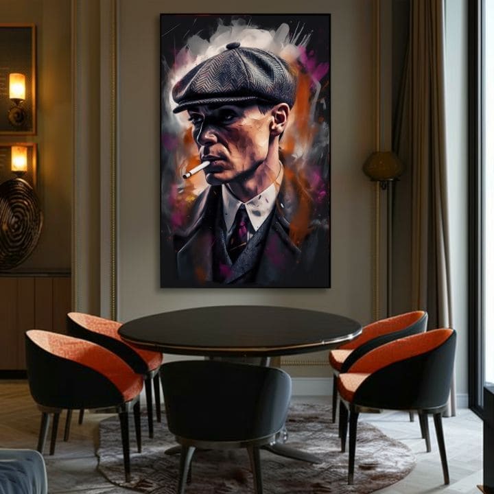 Ručne maľovaný obraz na plátne s motívom Tommy Shelby: Kráľ ulíc, cigara v sivo-čiernych odtieňoch | Obraz Tommy Shelby: Kráľ ulíc – produkt, pohľad 2