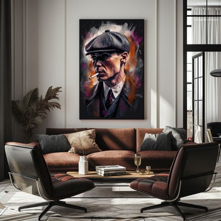 Ručne maľovaný obraz na plátne s motívom Tommy Shelby: Kráľ ulíc, cigara v sivo-čiernych odtieňoch | Obraz Tommy Shelby: Kráľ ulíc – produkt, pohľad 3