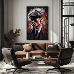 Ručne maľovaný obraz na plátne s motívom Tommy Shelby: Kráľ ulíc, cigara v sivo-čiernych odtieňoch | Obraz Tommy Shelby: Kráľ ulíc – produkt, pohľad 3