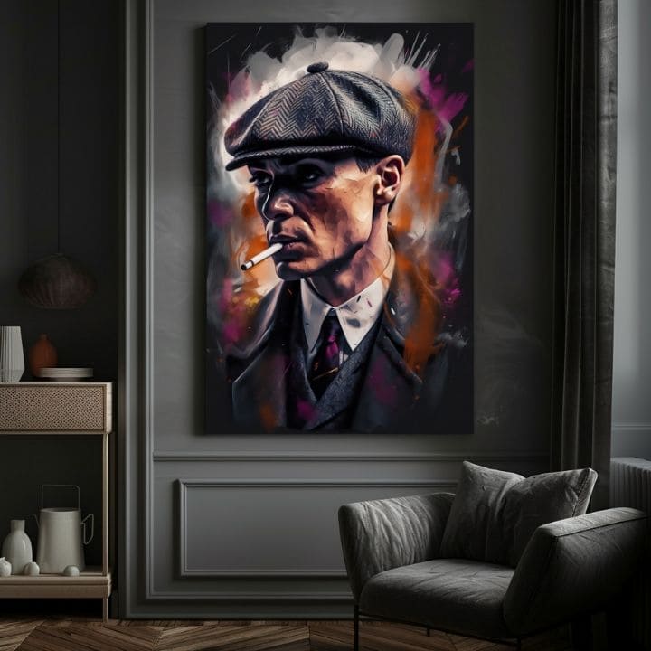 Ručne maľovaný obraz na plátne s motívom Tommy Shelby: Kráľ ulíc, cigara v sivo-čiernych odtieňoch | Obraz Tommy Shelby: Kráľ ulíc – produkt, pohľad 4