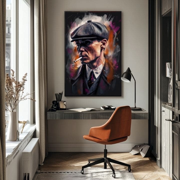Ručne maľovaný obraz na plátne s motívom Tommy Shelby: Kráľ ulíc, cigara v sivo-čiernych odtieňoch | Obraz Tommy Shelby: Kráľ ulíc – produkt, pohľad 5