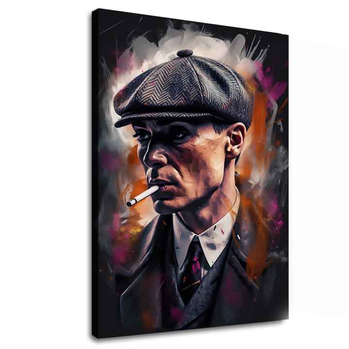Ručne maľovaný obraz na plátne s motívom Tommy Shelby: Kráľ ulíc, cigara v sivo-čiernych odtieňoch | Obraz Tommy Shelby: Kráľ ulíc – hlavný