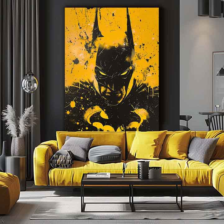 Moderný obraz na plátne s motívom Dark Knight na plátne, maska v zlato-čiernych odtieňoch, intenzívna atmosféra | Obraz Dark Knight na plátne – produkt
