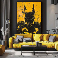 Moderný obraz na plátne s motívom Dark Knight na plátne, maska v zlato-čiernych odtieňoch, intenzívna atmosféra | Obraz Dark Knight na plátne – produkt