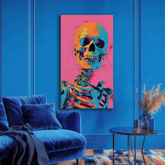 Ručne maľovaný obraz na plátne s motívom Neon Skeleton na plátne, lebka v oranžových odtieňoch, energická atmosféra | Obraz Neon Skeleton na plátne – produkt