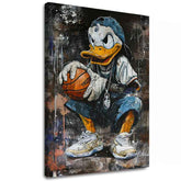 Moderný obraz na plátne s motívom LeBron Duck na plátne v bielo-strieborných odtieňoch, mestská atmosféra, popkultúra a nostalgia | Obraz LeBron Duck na plátne – hlavný
