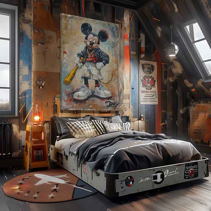 Ručne maľovaný obraz na plátne s motívom Street Mickey na plátne v béžovo-čiernych odtieňoch, mestská atmosféra, popkultúra a nostalgia | Obraz Street Mickey na plátne – produkt