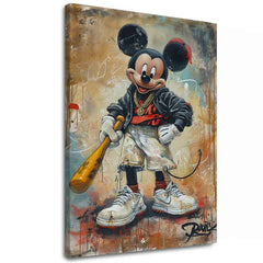 Ručne maľovaný obraz na plátne s motívom Street Mickey na plátne v béžovo-čiernych odtieňoch, mestská atmosféra, popkultúra a nostalgia | Obraz Street Mickey na plátne – hlavný