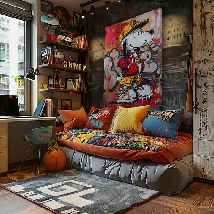 Moderný obraz na plátne s motívom Cool Snoopy na plátne, graffiti v červeno-žltých odtieňoch, hravá atmosféra, nostalgia | Obraz Cool Snoopy na plátne – produkt
