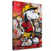 Moderný obraz na plátne s motívom Cool Snoopy na plátne, graffiti v červeno-žltých odtieňoch, hravá atmosféra, nostalgia | Obraz Cool Snoopy na plátne – hlavný