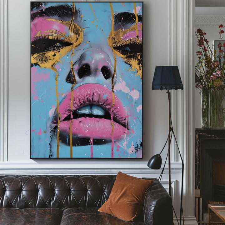 Ručne maľovaný obraz na plátne s motívom Neon Lips na plátne v modro-zlatých odtieňoch, živá atmosféra, krása | Obraz Neon Lips na plátne – produkt