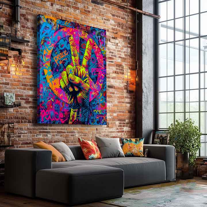 Ručne maľovaný obraz na plátne s motívom Peace Sign na plátne v oranžovo-fialových odtieňoch, energická atmosféra, láska | Obraz Peace Sign na plátne – produkt