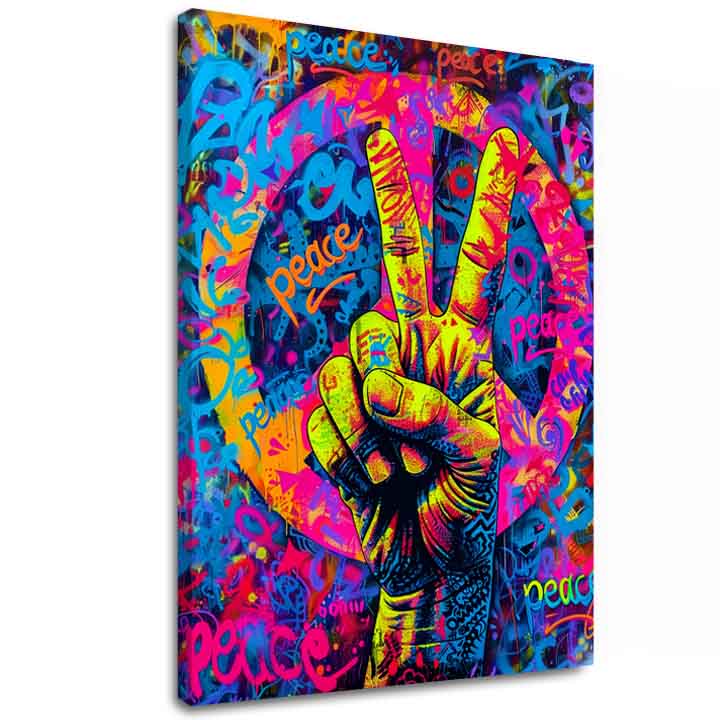 Ručne maľovaný obraz na plátne s motívom Peace Sign na plátne v oranžovo-fialových odtieňoch, energická atmosféra, láska | Obraz Peace Sign na plátne – hlavný