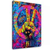 Ručne maľovaný obraz na plátne s motívom Peace Sign na plátne v oranžovo-fialových odtieňoch, energická atmosféra, láska | Obraz Peace Sign na plátne – hlavný
