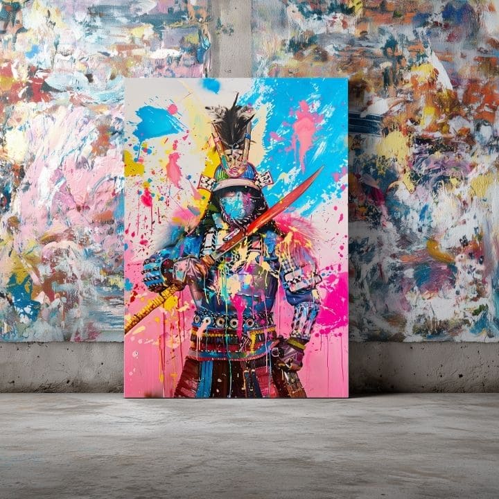 Ručne maľovaný obraz na plátne s motívom Samurai Spirit na plátne v žlto-bielych odtieňoch, energická atmosféra, sila | Obraz Samurai Spirit na plátne – produkt