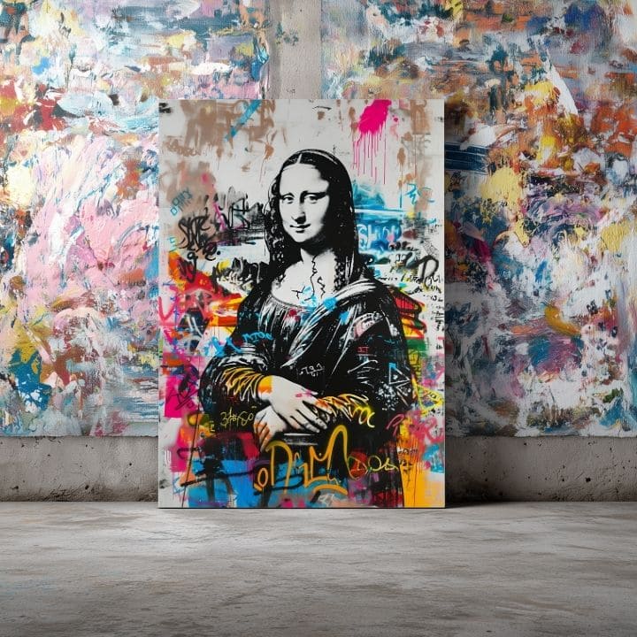 Moderný obraz na plátne s motívom Graffiti Mona na plátne v čierno-bielych odtieňoch, energická atmosféra | Obraz Graffiti Mona na plátne – produkt, pohľad 3