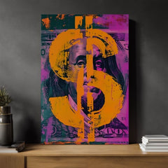 Moderný obraz na plátne s motívom Money Benjamin na plátne v oranžovo-tyrkysových odtieňoch, odvážna atmosféra | Obraz Money Benjamin na plátne – produkt, pohľad 2