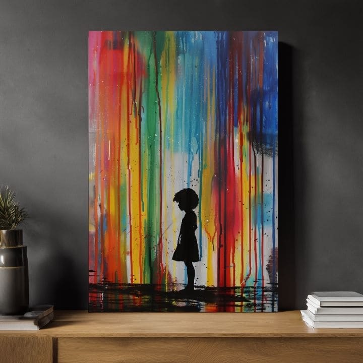 Ručne maľovaný obraz na plátne s motívom Rainbow Silhouette na plátne, dúha v modro-zelených odtieňoch, melancholická atmosféra | Obraz Rainbow Silhouette na plátne – produkt