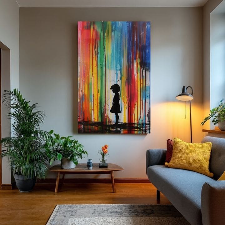 Ručne maľovaný obraz na plátne s motívom Rainbow Silhouette na plátne, dúha v modro-zelených odtieňoch, melancholická atmosféra | Obraz Rainbow Silhouette na plátne – produkt, pohľad 3