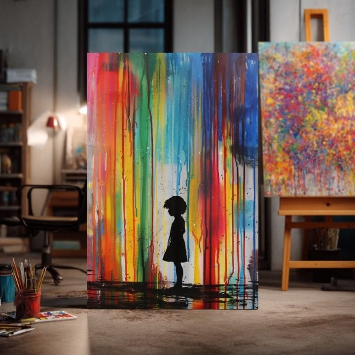 Ručne maľovaný obraz na plátne s motívom Rainbow Silhouette na plátne, dúha v modro-zelených odtieňoch, melancholická atmosféra | Obraz Rainbow Silhouette na plátne – produkt, pohľad 4