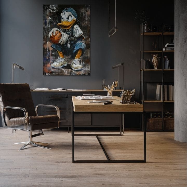 Moderný obraz na plátne s motívom LeBron Duck na plátne v bielych odtieňoch, mestská atmosféra, popkultúra a nostalgia | Obraz LeBron Duck na plátne – produkt