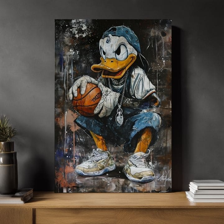 Moderný obraz na plátne s motívom LeBron Duck na plátne v bielych odtieňoch, mestská atmosféra, popkultúra a nostalgia | Obraz LeBron Duck na plátne – produkt, pohľad 2