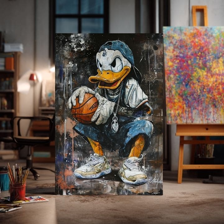 Moderný obraz na plátne s motívom LeBron Duck na plátne v bielych odtieňoch, mestská atmosféra, popkultúra a nostalgia | Obraz LeBron Duck na plátne – produkt, pohľad 3