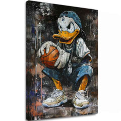 Moderný obraz na plátne s motívom LeBron Duck na plátne v bielych odtieňoch, mestská atmosféra, popkultúra a nostalgia | Obraz LeBron Duck na plátne – hlavný