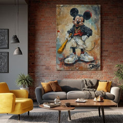 Ručne maľovaný obraz na plátne s motívom Street Mickey na plátne v čierno-bielych odtieňoch, drzá atmosféra, popkultúra a mestský život | Obraz Street Mickey na plátne – produkt