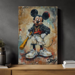 Ručne maľovaný obraz na plátne s motívom Street Mickey na plátne v čierno-bielych odtieňoch, drzá atmosféra, popkultúra a mestský život | Obraz Street Mickey na plátne – produkt, pohľad 2