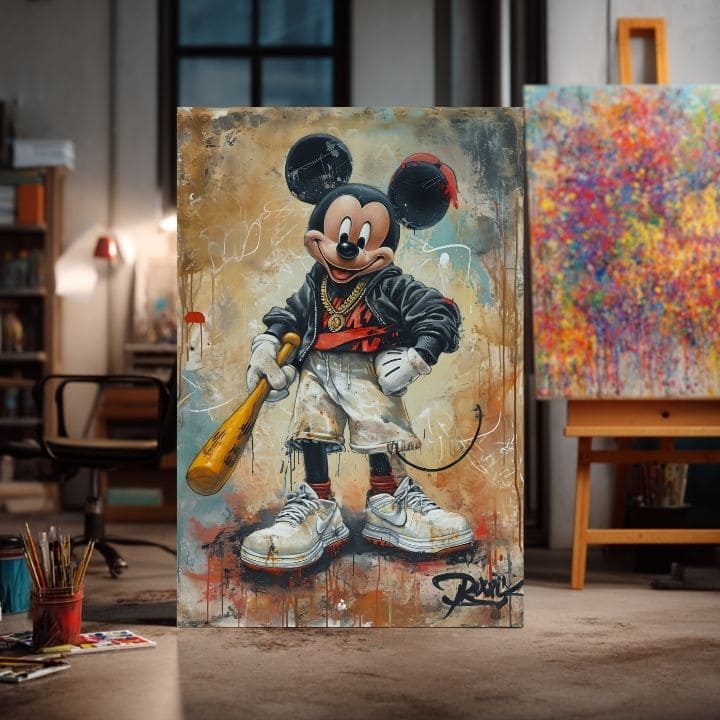 Ručne maľovaný obraz na plátne s motívom Street Mickey na plátne v čierno-bielych odtieňoch, drzá atmosféra, popkultúra a mestský život | Obraz Street Mickey na plátne – produkt, pohľad 3