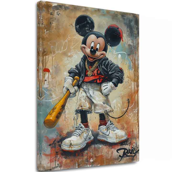 Ručne maľovaný obraz na plátne s motívom Street Mickey na plátne v čierno-bielych odtieňoch, drzá atmosféra, popkultúra a mestský život | Obraz Street Mickey na plátne – hlavný