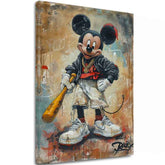 Ručne maľovaný obraz na plátne s motívom Street Mickey na plátne v čierno-bielych odtieňoch, drzá atmosféra, popkultúra a mestský život | Obraz Street Mickey na plátne – hlavný