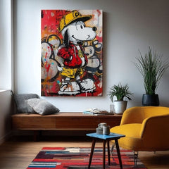 Moderný obraz na plátne s motívom Cool Snoopy na plátne v červeno-žltých odtieňoch, energická atmosféra, popkultúra a mestský život | Obraz Cool Snoopy na plátne – produkt